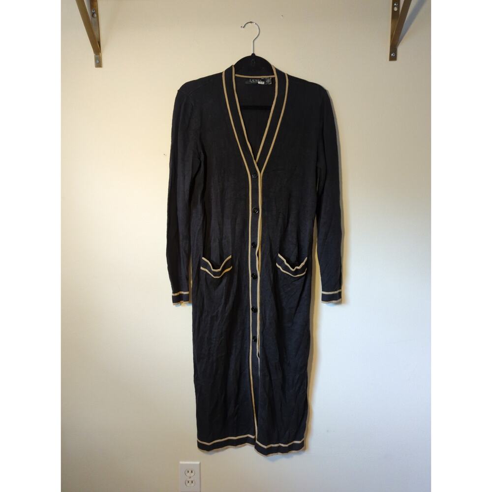 Ralph Lauren Black Long Cardigan with Tan Trim - Picture 4 of 8